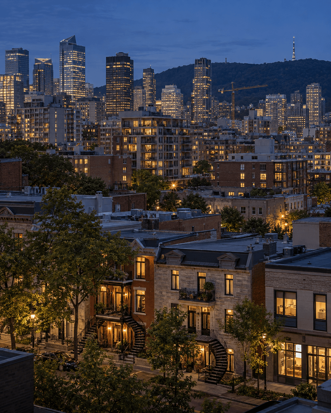 Paysage urbain illustratif de Montréal : immeubles résidentiels, commerciaux et grandes tours